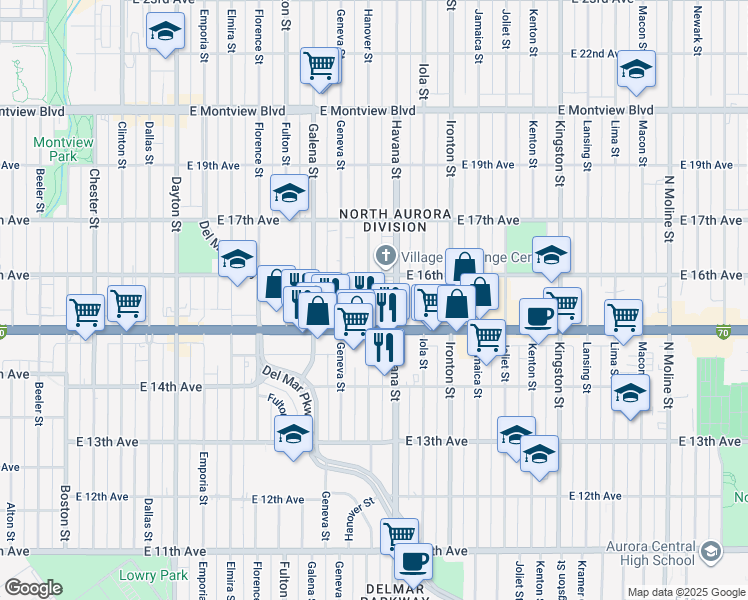 map of restaurants, bars, coffee shops, grocery stores, and more near 1548 Hanover Street in Aurora