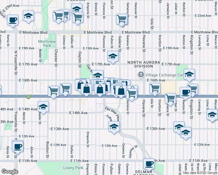 map of restaurants, bars, coffee shops, grocery stores, and more near 1545 Fulton Street in Aurora