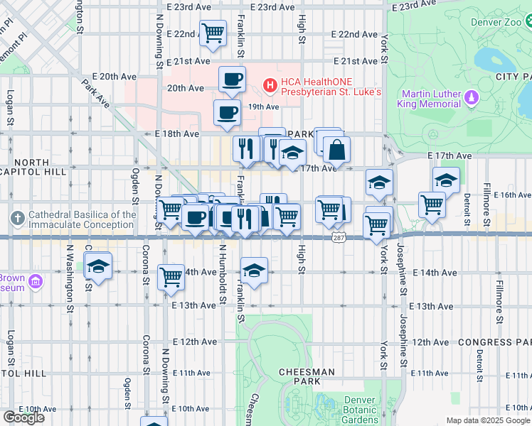 map of restaurants, bars, coffee shops, grocery stores, and more near in Denver
