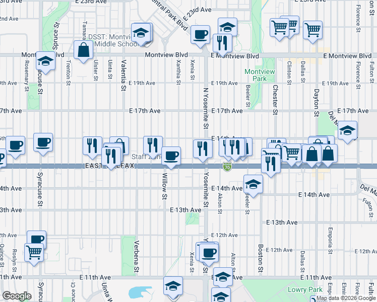 map of restaurants, bars, coffee shops, grocery stores, and more near 1541 Xenia Street in Denver