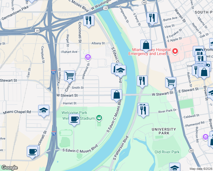 map of restaurants, bars, coffee shops, grocery stores, and more near 245 Smith Street in Dayton