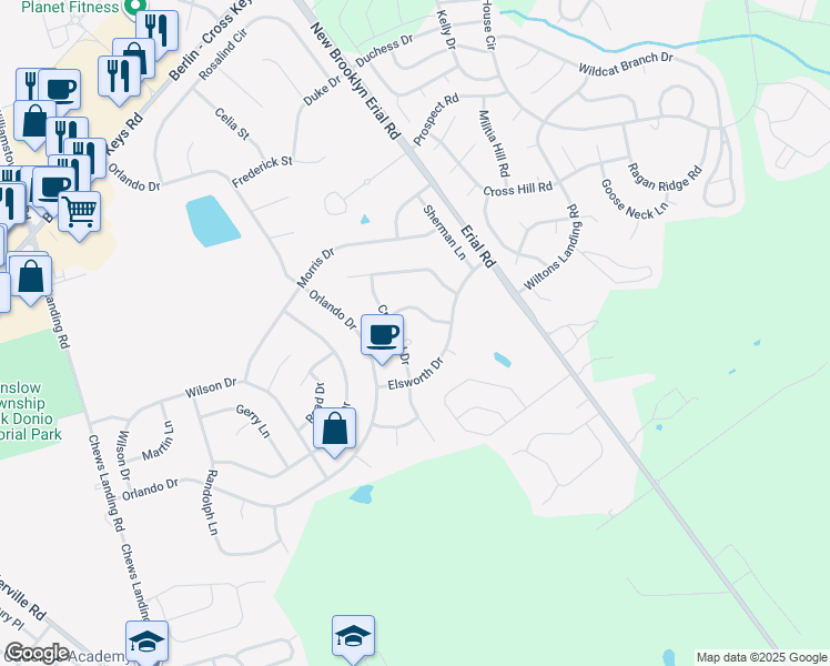map of restaurants, bars, coffee shops, grocery stores, and more near 3 Meade Court in Sicklerville