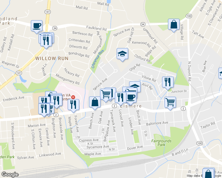 map of restaurants, bars, coffee shops, grocery stores, and more near 324 Olga Road in Wilmington