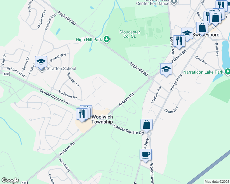 map of restaurants, bars, coffee shops, grocery stores, and more near 1053 Auburn Road in Swedesboro