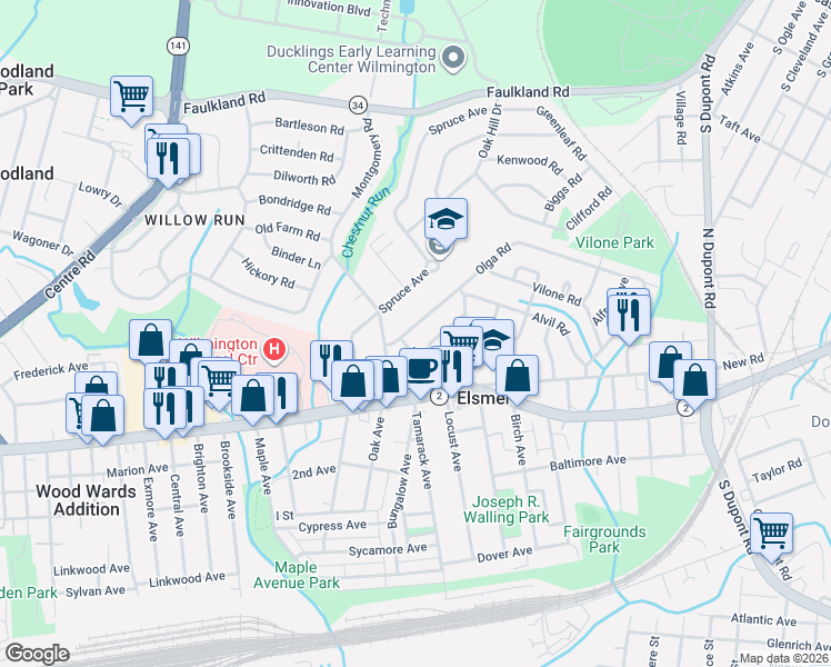 map of restaurants, bars, coffee shops, grocery stores, and more near 324 Olga Road in Wilmington