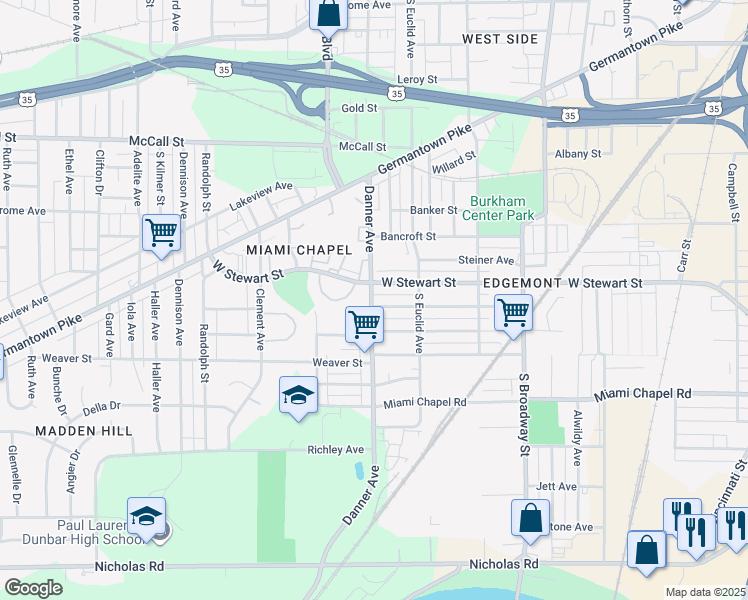map of restaurants, bars, coffee shops, grocery stores, and more near 1553 Hochwalt Avenue in Dayton