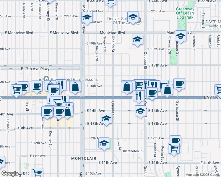 map of restaurants, bars, coffee shops, grocery stores, and more near 1545 Oneida Street in Denver