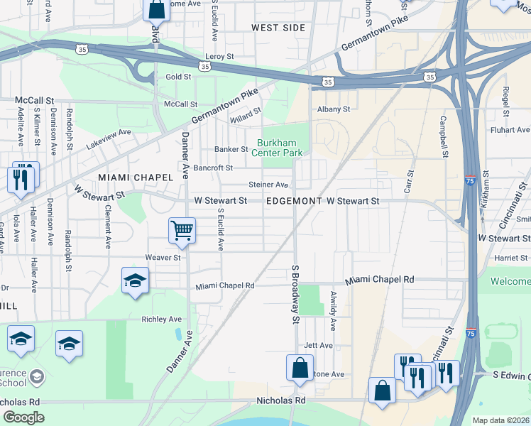 map of restaurants, bars, coffee shops, grocery stores, and more near 1347 Hochwalt Avenue in Dayton