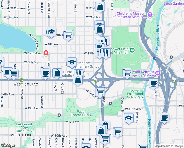 map of restaurants, bars, coffee shops, grocery stores, and more near 1535 Grove Street in Denver