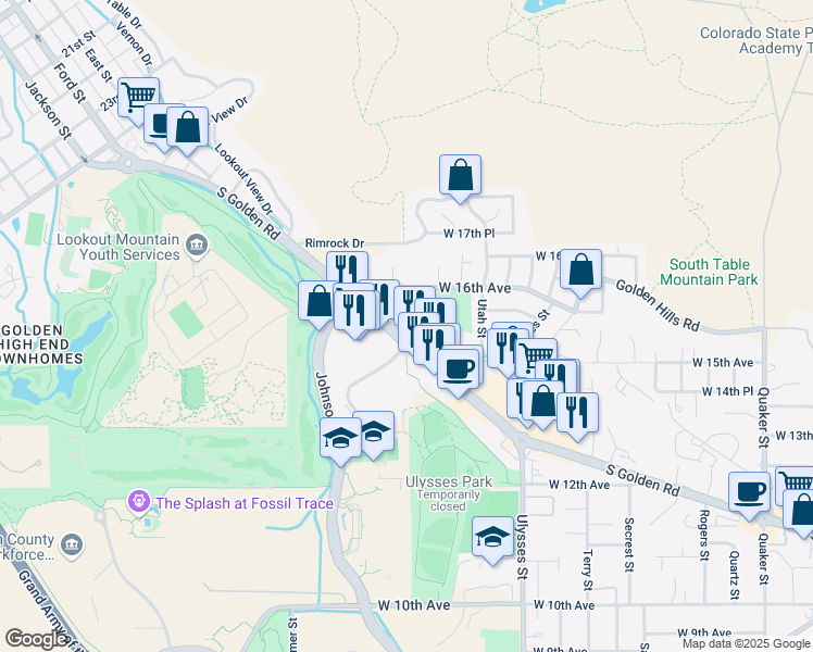 map of restaurants, bars, coffee shops, grocery stores, and more near 17535 South Golden Road in Golden