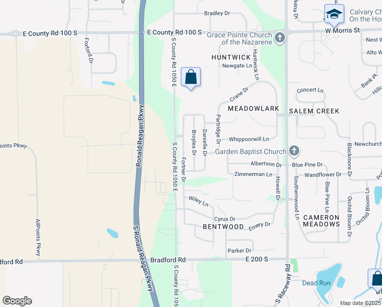map of restaurants, bars, coffee shops, grocery stores, and more near 1543 Broyles Drive in Indianapolis