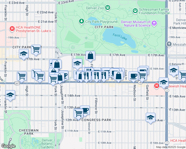 map of restaurants, bars, coffee shops, grocery stores, and more near 1546 Fillmore Street in Denver