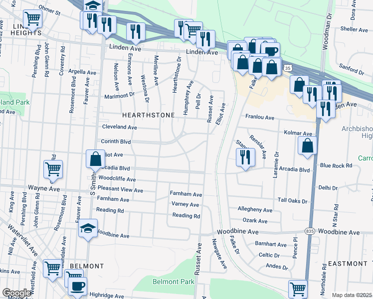 map of restaurants, bars, coffee shops, grocery stores, and more near 4405 Elliot Avenue in Dayton