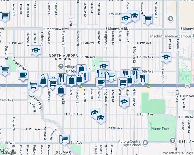 map of restaurants, bars, coffee shops, grocery stores, and more near 10909 East Colfax Avenue in Aurora