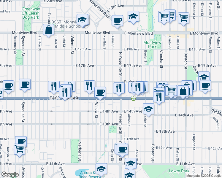 map of restaurants, bars, coffee shops, grocery stores, and more near 1535 Xenia Street in Denver