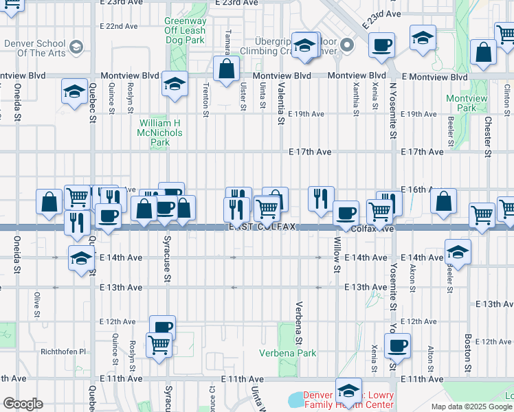 map of restaurants, bars, coffee shops, grocery stores, and more near 1538 Ulster Street in Denver