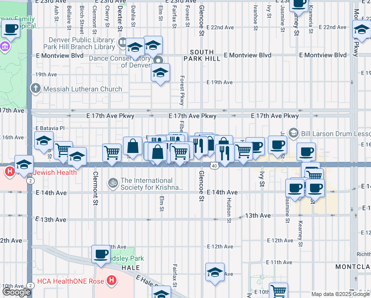 map of restaurants, bars, coffee shops, grocery stores, and more near 1534 Forest Street in Denver