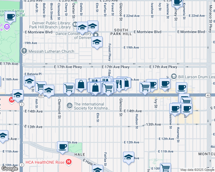 map of restaurants, bars, coffee shops, grocery stores, and more near 1535 Filbert Court in Denver