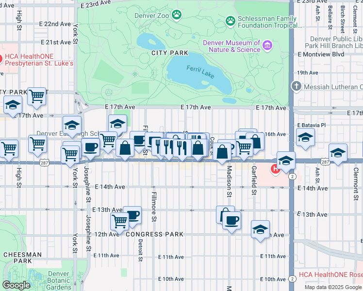 map of restaurants, bars, coffee shops, grocery stores, and more near 1541 Steele Street in Denver