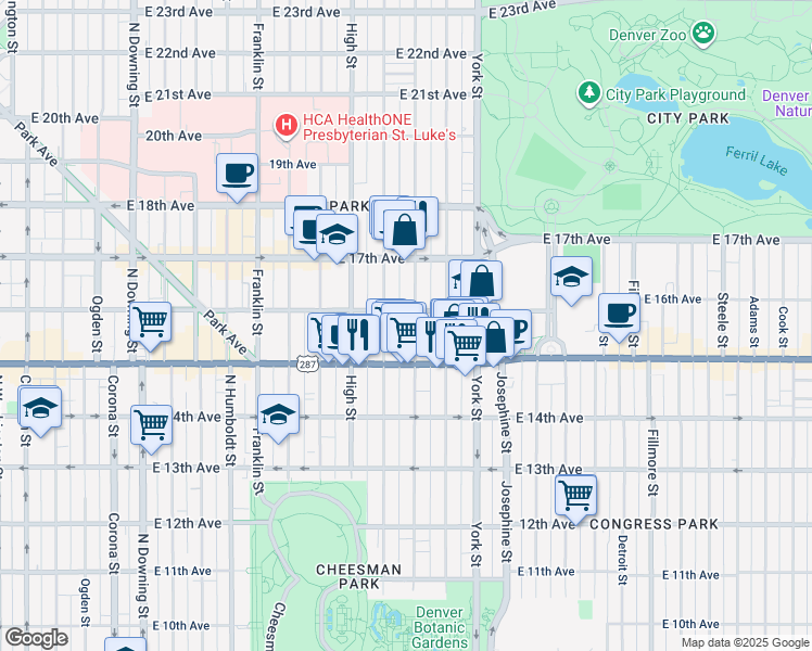 map of restaurants, bars, coffee shops, grocery stores, and more near 1555 Vine Street in Denver