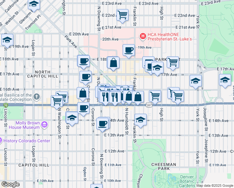 map of restaurants, bars, coffee shops, grocery stores, and more near 1555 Lafayette Street in Denver