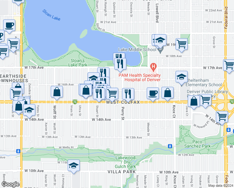map of restaurants, bars, coffee shops, grocery stores, and more near 1524 Quitman Street in Denver