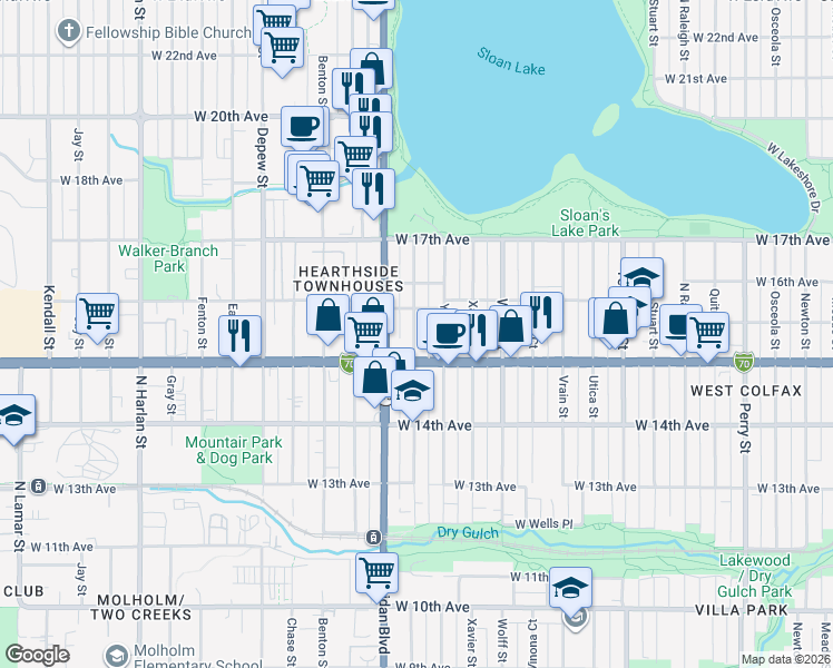 map of restaurants, bars, coffee shops, grocery stores, and more near 5125 West Colfax Avenue in Denver