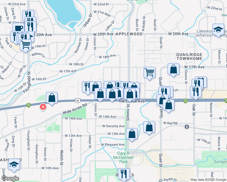map of restaurants, bars, coffee shops, grocery stores, and more near 1540 Tabor Street in Lakewood