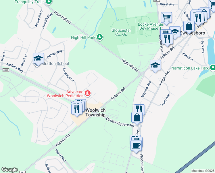 map of restaurants, bars, coffee shops, grocery stores, and more near 1053 Auburn Road in Swedesboro