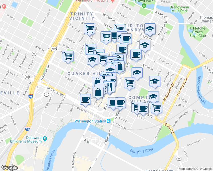 map of restaurants, bars, coffee shops, grocery stores, and more near 2 West 5th Street in Wilmington