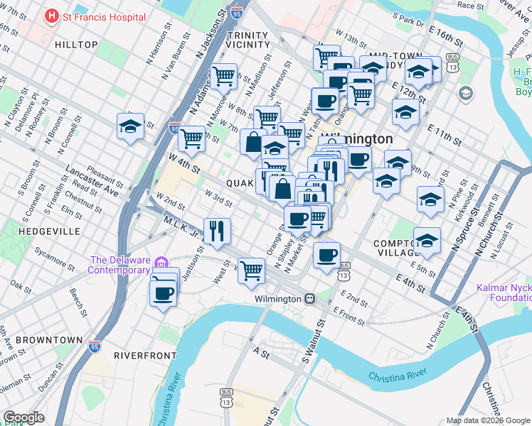 map of restaurants, bars, coffee shops, grocery stores, and more near 317 North Orange Street in Wilmington