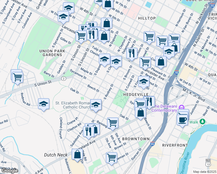 map of restaurants, bars, coffee shops, grocery stores, and more near 1510 Sycamore Street in Wilmington