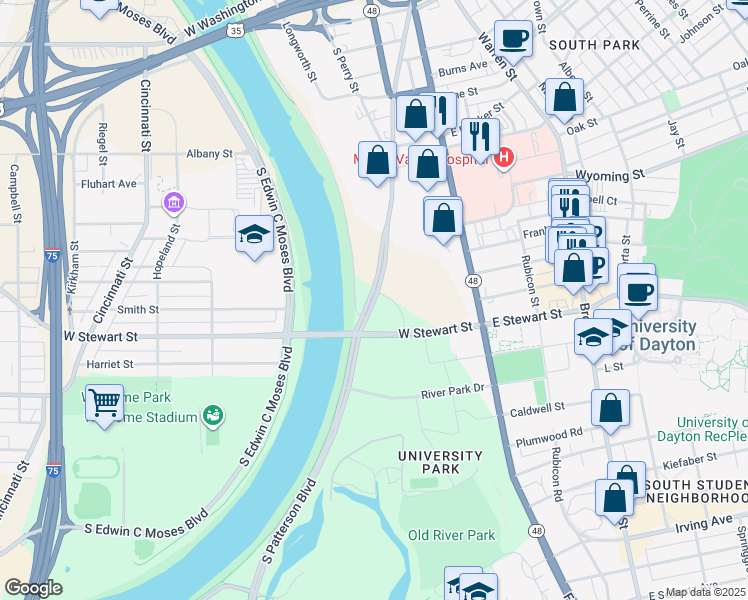 map of restaurants, bars, coffee shops, grocery stores, and more near 996 Great Miami River Recreational Trail in Dayton