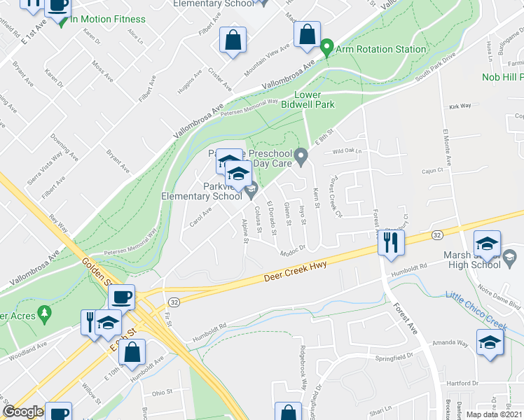 map of restaurants, bars, coffee shops, grocery stores, and more near 816 Colusa Street in Chico