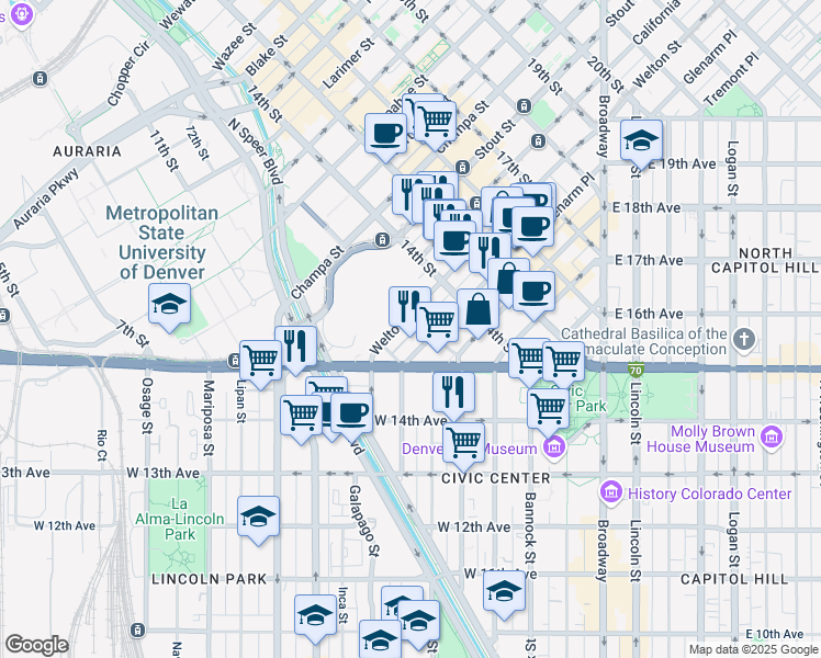 map of restaurants, bars, coffee shops, grocery stores, and more near 1250 Welton Street in Denver