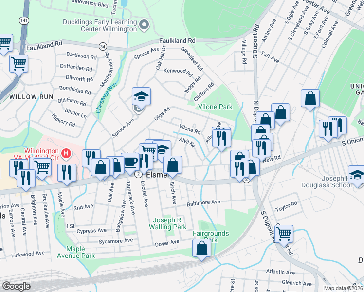map of restaurants, bars, coffee shops, grocery stores, and more near 10 Gamble Avenue in Wilmington