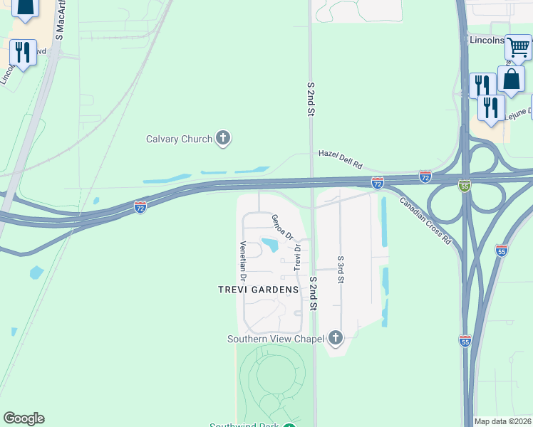 map of restaurants, bars, coffee shops, grocery stores, and more near 124 Genoa Drive in Springfield
