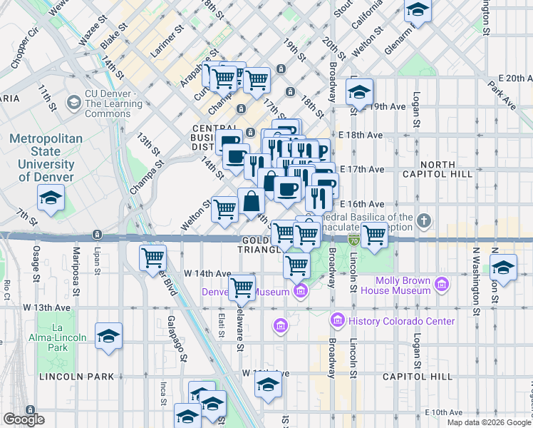 map of restaurants, bars, coffee shops, grocery stores, and more near 323 14th Street in Denver