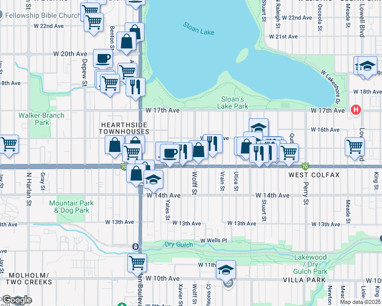 map of restaurants, bars, coffee shops, grocery stores, and more near 1551 Wolff Street in Denver