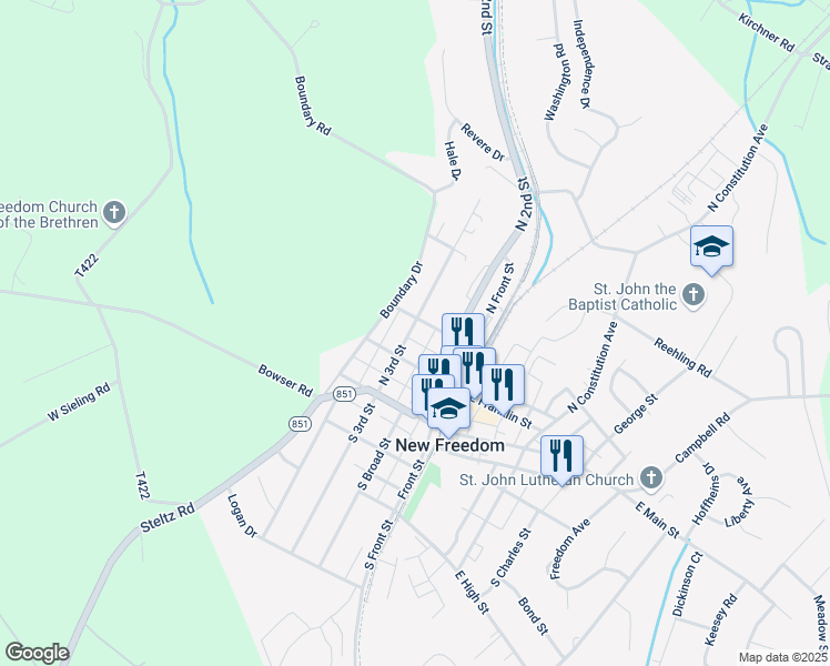 map of restaurants, bars, coffee shops, grocery stores, and more near 115 North 3rd Street in New Freedom
