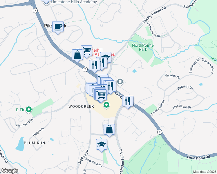 map of restaurants, bars, coffee shops, grocery stores, and more near 4742 Limestone Road in Wilmington