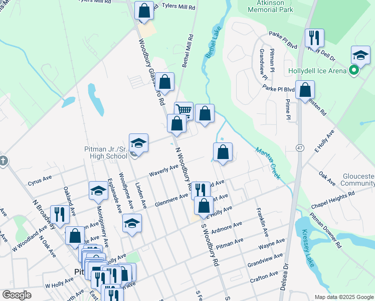 map of restaurants, bars, coffee shops, grocery stores, and more near 219 North Woodbury Road in Pitman