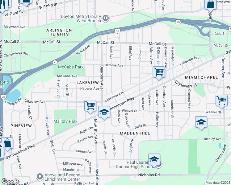 map of restaurants, bars, coffee shops, grocery stores, and more near 2525 Lakeview Avenue in Dayton