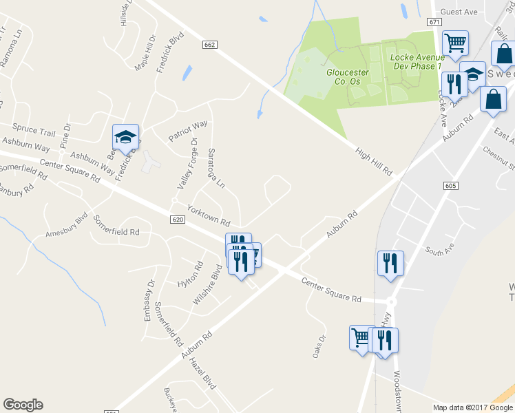 map of restaurants, bars, coffee shops, grocery stores, and more near 146 Yorktown Road in Swedesboro