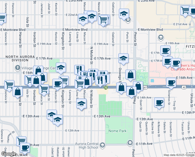 map of restaurants, bars, coffee shops, grocery stores, and more near 11554 East 16th Avenue in Aurora