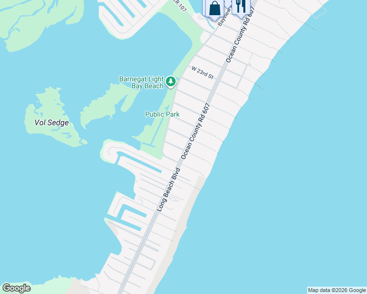 map of restaurants, bars, coffee shops, grocery stores, and more near 2807 Central Avenue in Barnegat Light