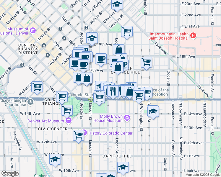 map of restaurants, bars, coffee shops, grocery stores, and more near 1570 Grant Street in Denver