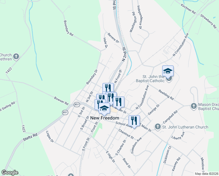 map of restaurants, bars, coffee shops, grocery stores, and more near 201 North 2nd Street in New Freedom