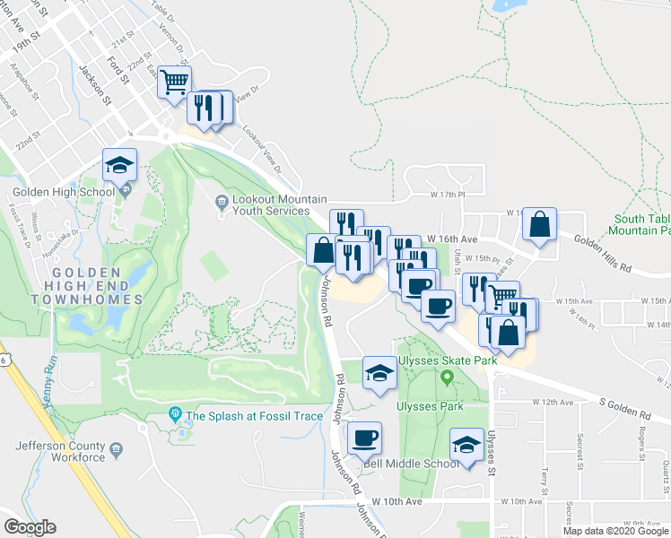 map of restaurants, bars, coffee shops, grocery stores, and more near 17748 S Golden Rd in Golden