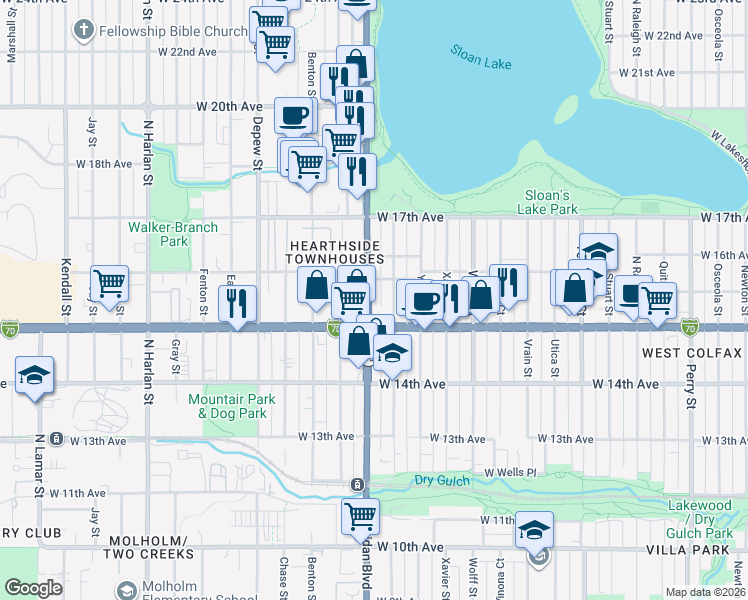 map of restaurants, bars, coffee shops, grocery stores, and more near 1540 Sheridan Boulevard in Denver